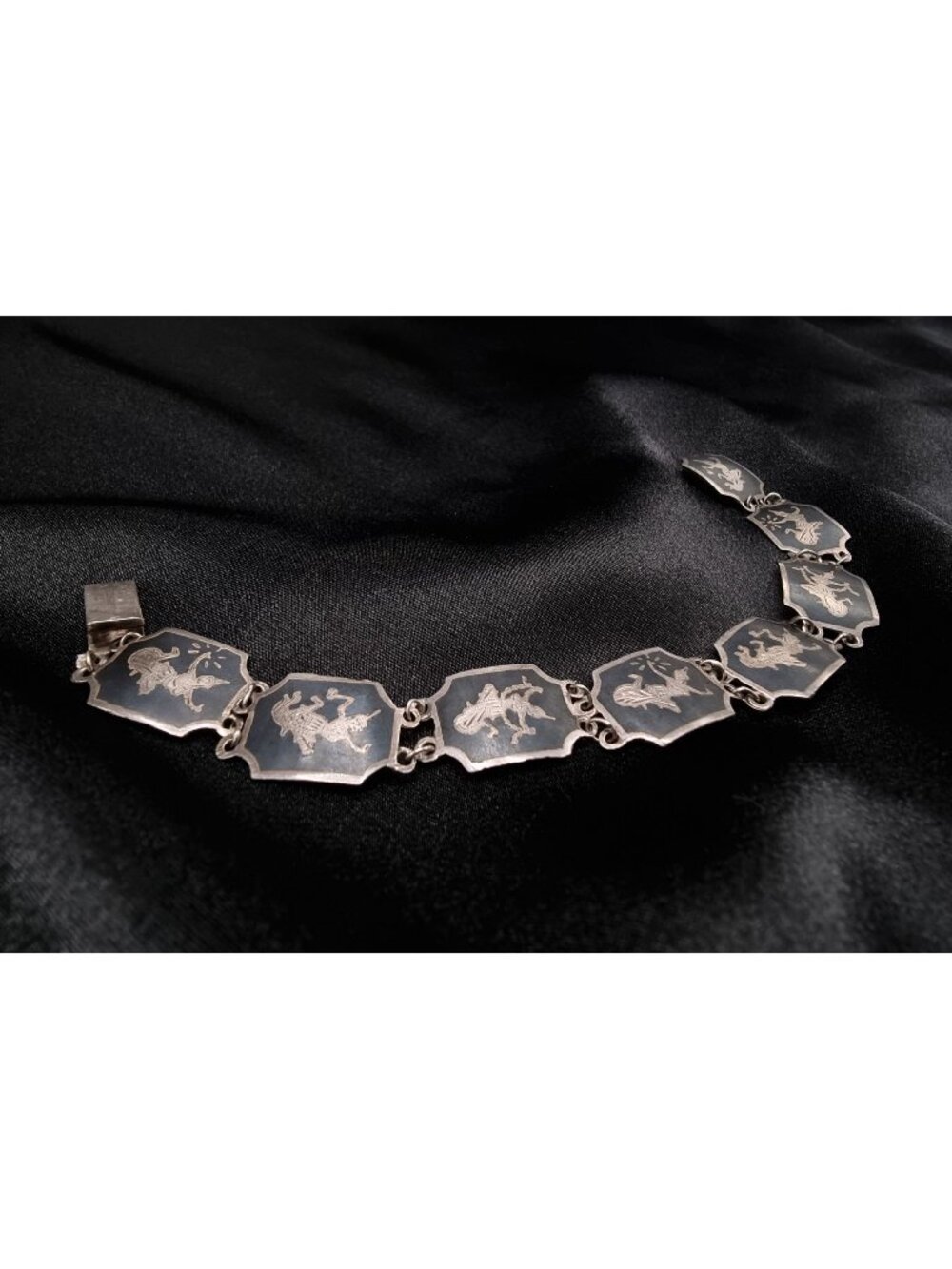 Vintage SIAM Signed Sterling Silver Bracelet With Engraved Niello Zodiac Motifs